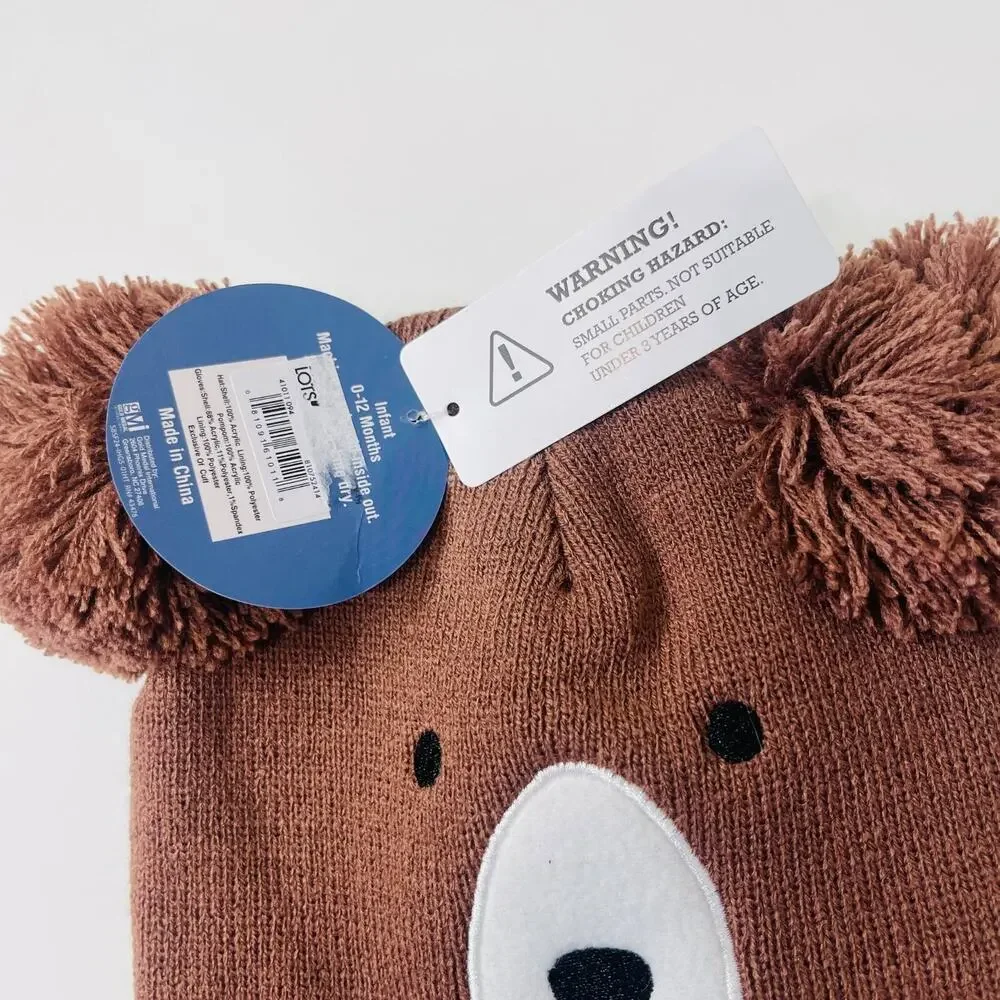 Snuggle Buds Infant Hat & Thumbless Mitten‎ Set Knitted Cute Baby Bear Hat 0-12m